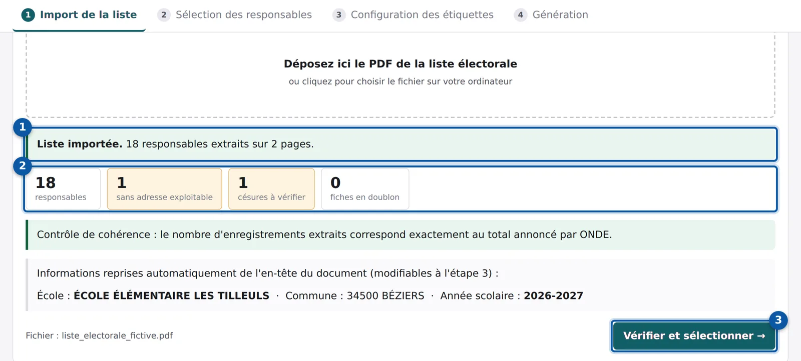 Étape 1 : confirmation de lecture, signalements et bouton pour passer à l'étape suivante