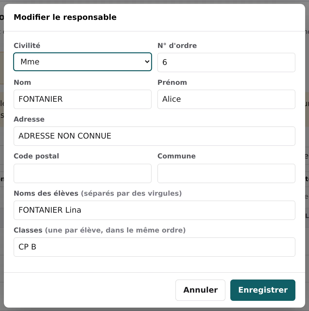 Fenêtre de modification d'un responsable