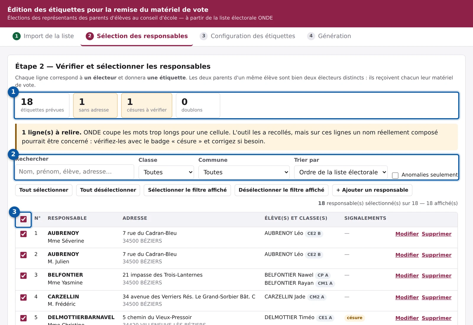 Aperçu de l'outil : liste des responsables à vérifier