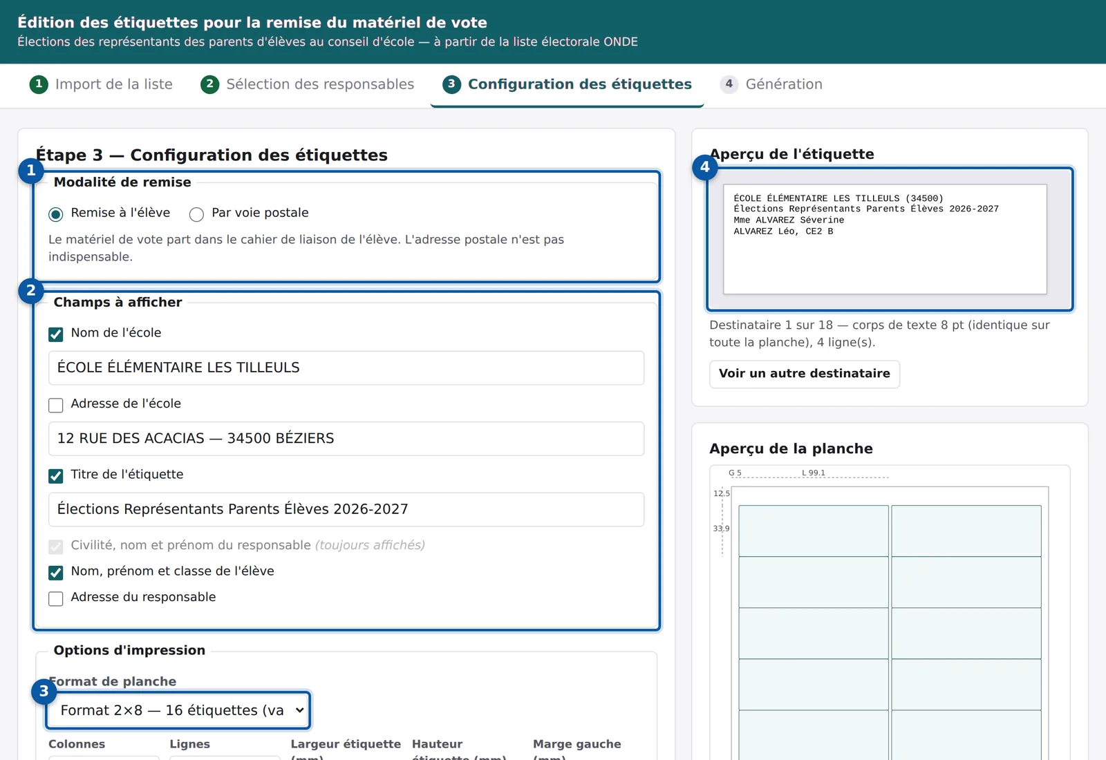 Étape 3 : modalité de remise, champs à afficher, format de planche et aperçu
