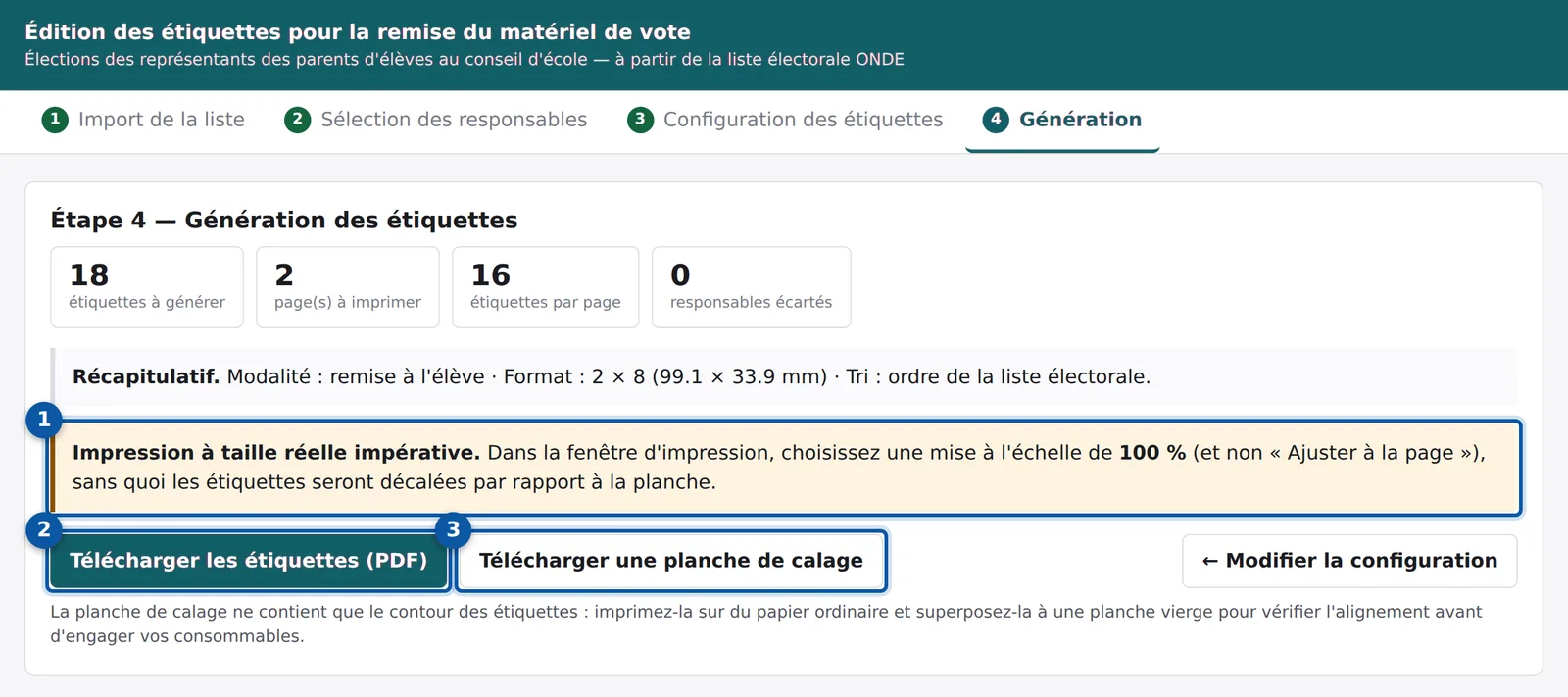 Étape 4 : récapitulatif, rappel d'impression à 100 %, boutons de téléchargement